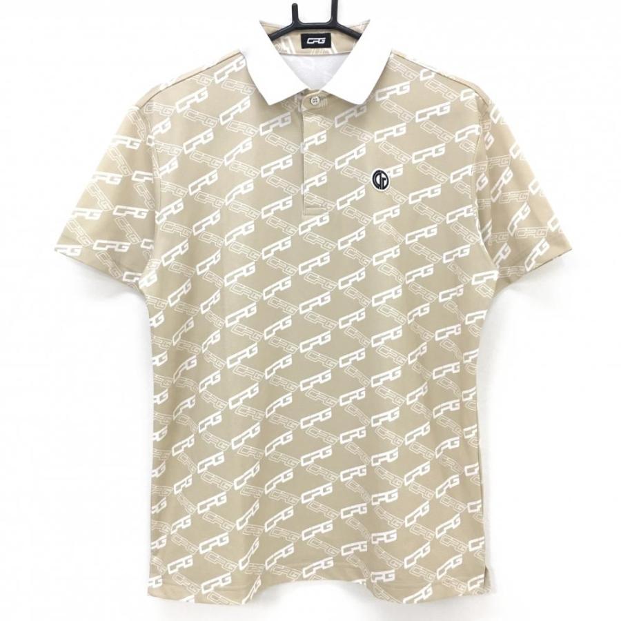 【超美品】CPG 半袖ポロシャツ ベージュ×白 ロゴ総柄 ワッペン メンズ 2(M) ゴルフウェア CPG 超美品】CPG 半袖ポロシャツ ベージュ×白 ロゴ総柄 ワッペン メンズ 2