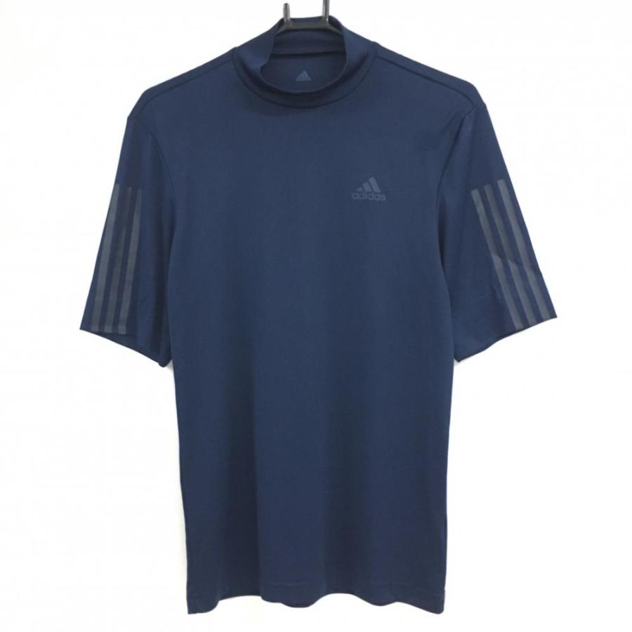 adidas（アディダス） 半袖ハイネックシャツ ネイビー 袖3ライン 胸元