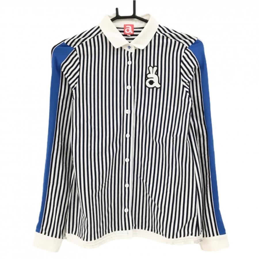 archivio - アルチビオ　ゴルフシャツ　36 archivio アルチビオ 長袖シャツ 白×ネイビー ストライプ