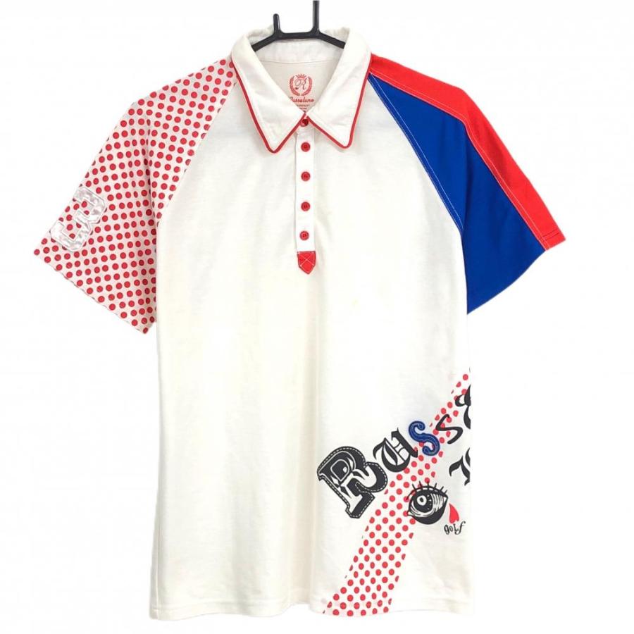Russeluno ラッセルノ 半袖ポロシャツ 白×レッド×ブルー 袖ドット