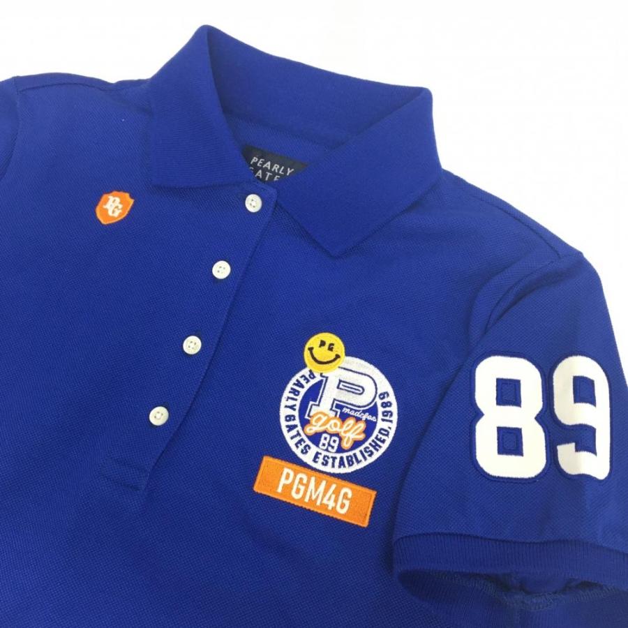 【新品】パーリーゲイツ 半袖ポロシャツ ブルー 襟裏ニコちゃん スマイル コットン混 レディース 1(M) ゴルフウェア PEARLY GATESの画像