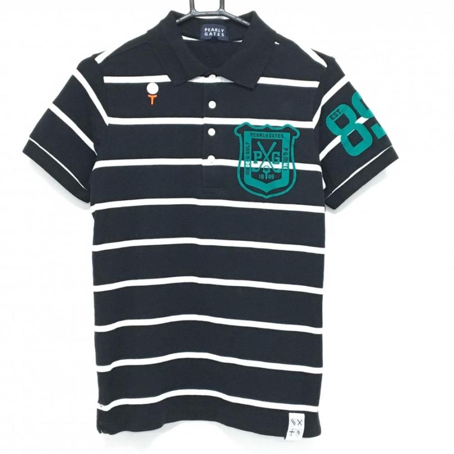 美品】パーリーゲイツ 半袖ポロシャツ 黒×白 ボーダー コットン