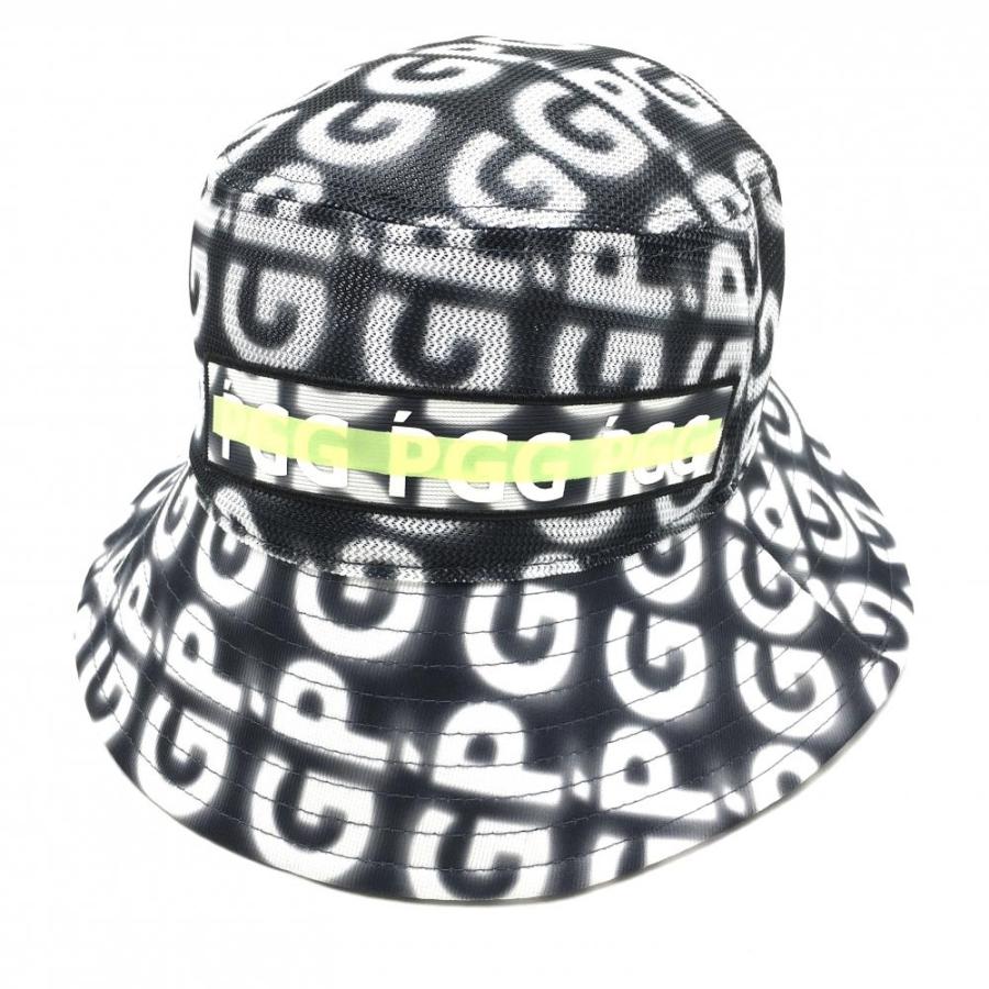 PGG 【超美品】PGGパーリーゲイツ ハット 黒×白 ロゴ総柄 一部