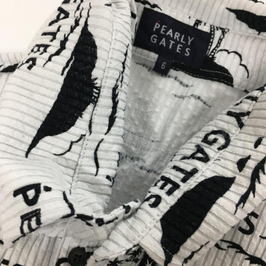 パーリーゲイツ　モックネック　半袖シャツ　ヤシの木総柄　ロゴ　ホワイト　サイズ6 PEARLY GATES（パーリーゲイツ） 半袖ポロシャツ 白×黒 ヤシの木柄