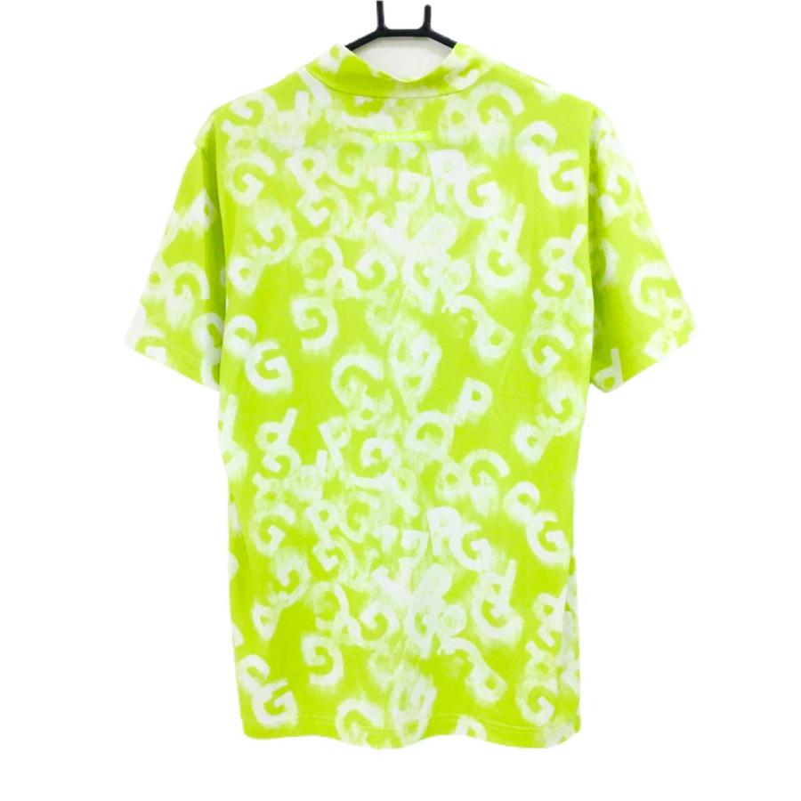 【超美品】パーリーゲイツ 半袖ハイネックシャツ ライムグリーン系×白 英字総柄 メンズ 6(XL) ゴルフウェア 2025年モデル PEARLY GATES