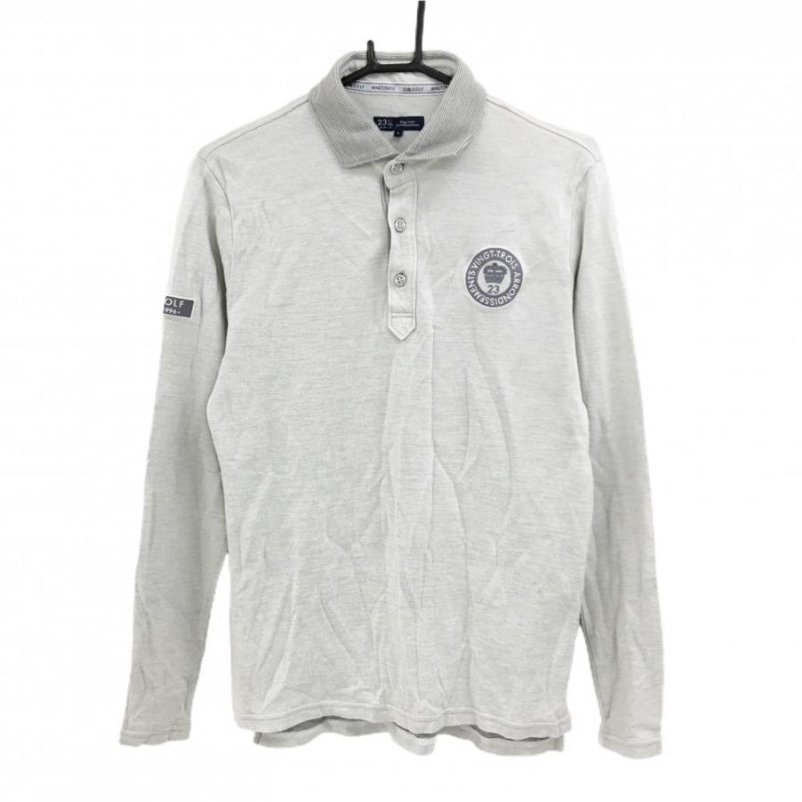 23区GOLF 【美品】23区ゴルフ 長袖ポロシャツ ライトグレー 襟ボーダー