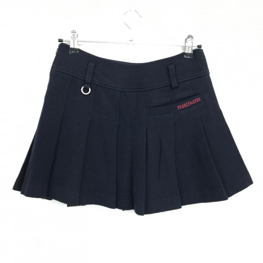 美品】パーリーゲイツ プリーツスカート ネイビー ヘリンボーン地模様 