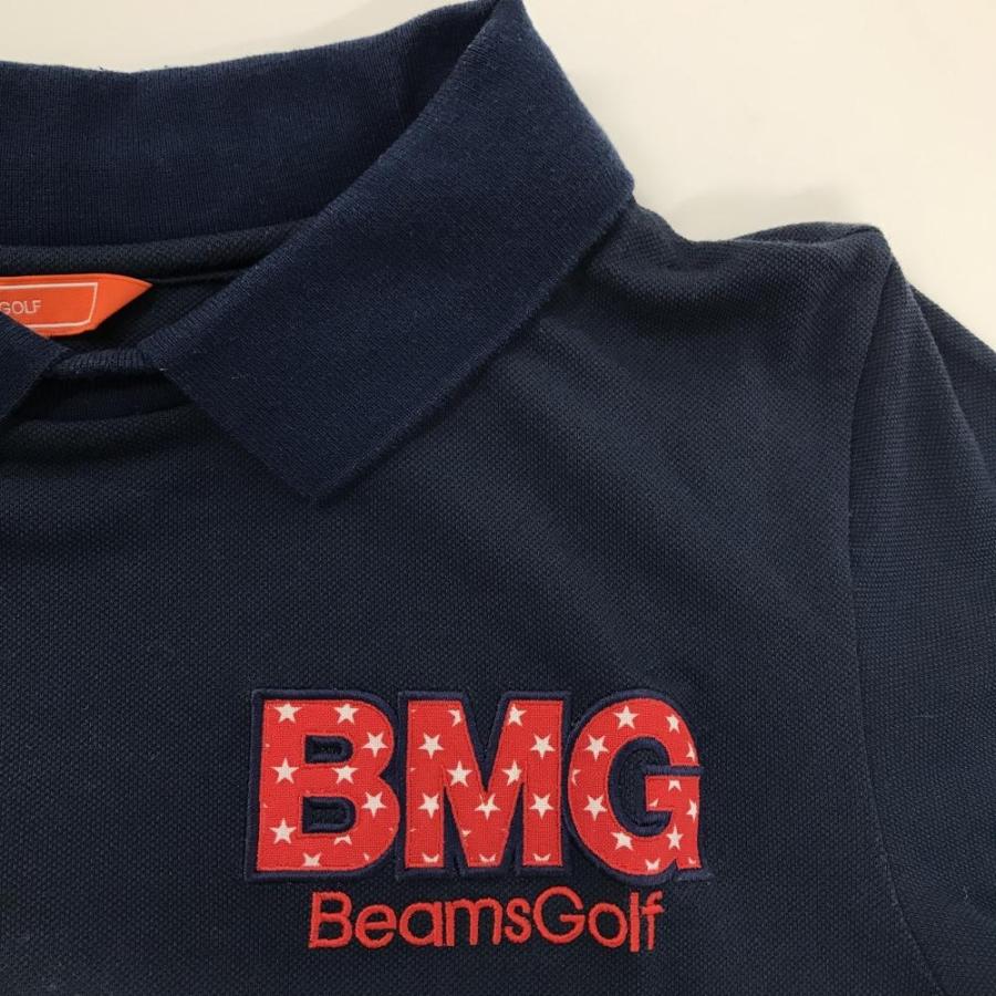 BEAMS GOLF（ビームス ゴルフ） 襟付き半袖シャツ ネイビー ロゴレッド