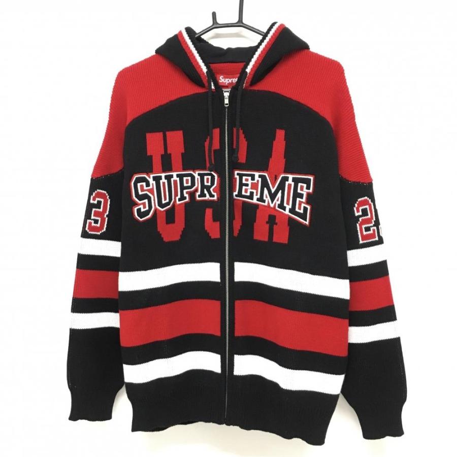 美品】Supreme シュプリーム ニットジップパーカー 黒×レッド×白