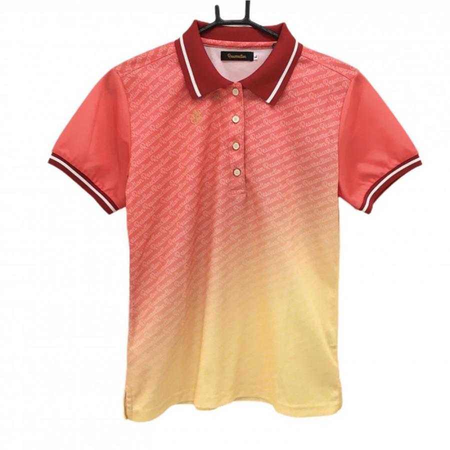 【超美品】レザレクション 半袖ポロシャツ レッド×イエロー グラデーション ロゴ総柄  レディース L ゴルフウェア Resurrection Resurrection 【超美品】レザレクション 半袖ポロシャツ レッド