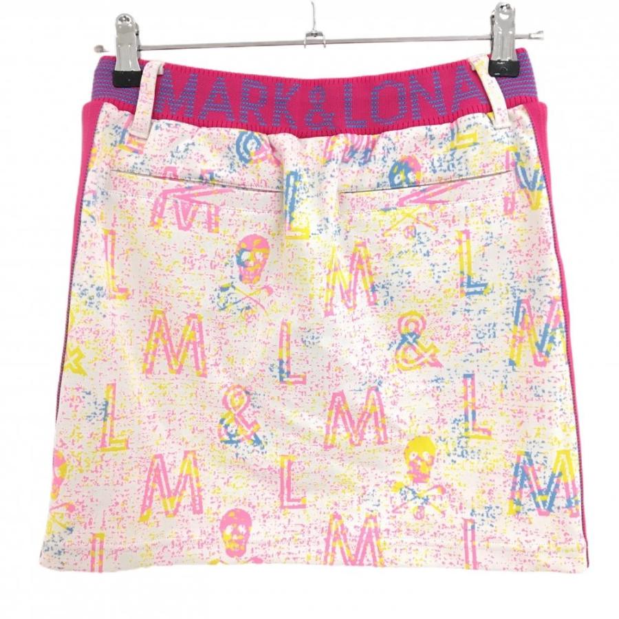 【新品】マークアンドロナ スカート 白×ピンク 総柄 スカル ウエストゴム 内側インナーパンツ  レディース 38(M) ゴルフウェア MARK＆LONA_1