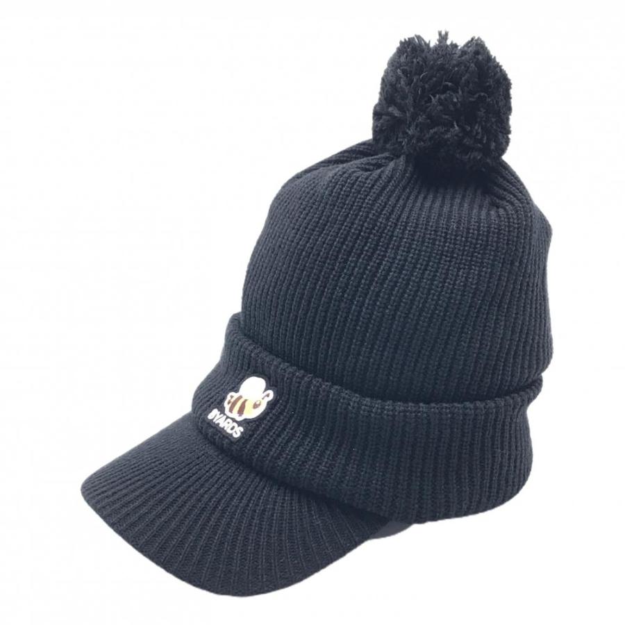 新品】ハチヤーズ つば付ニット帽 黒 ロゴ刺しゅう ボンボン付 ゴルフ