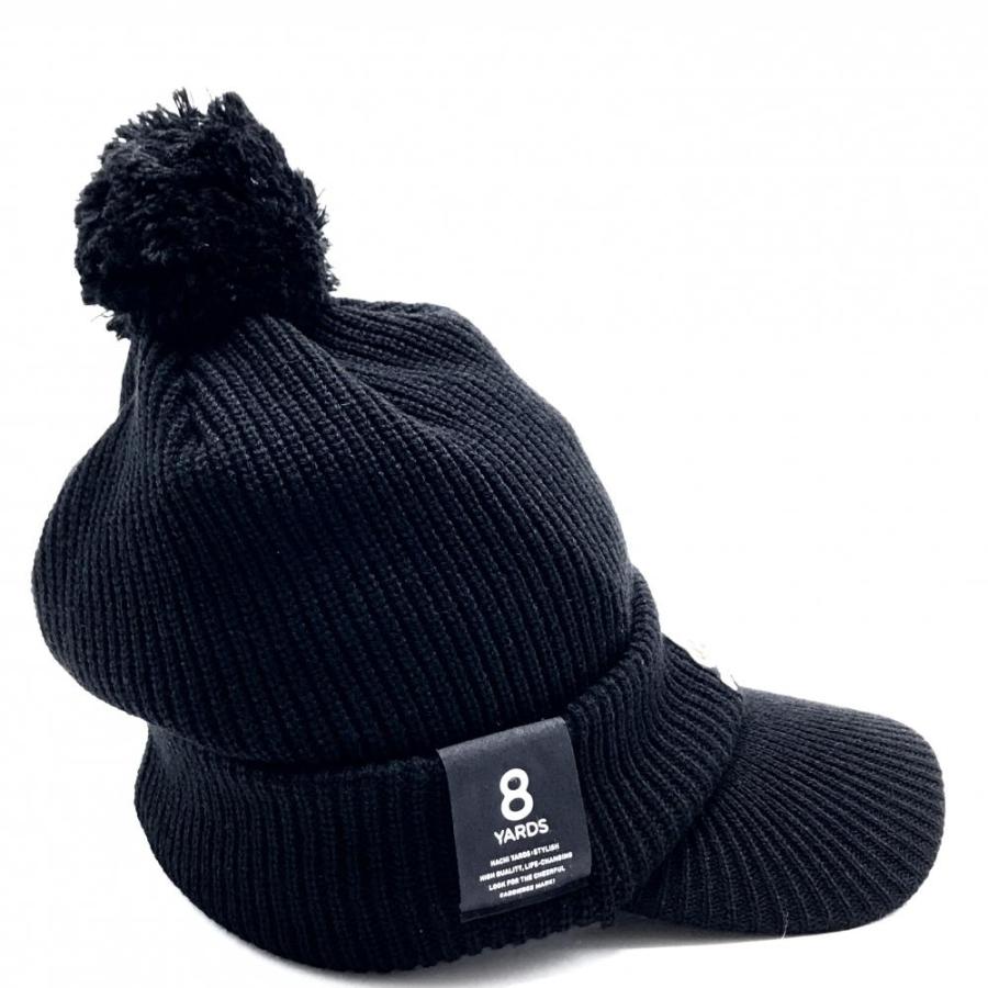 新品】ハチヤーズ つば付ニット帽 黒 ロゴ刺しゅう ボンボン付 ゴルフ