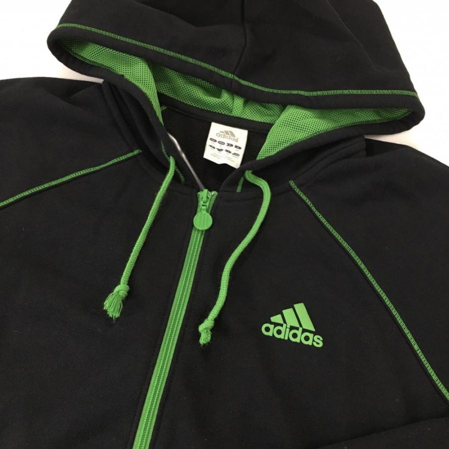adidas（アディダス） ジップパーカー 黒×グリーン フード内側メッシュ