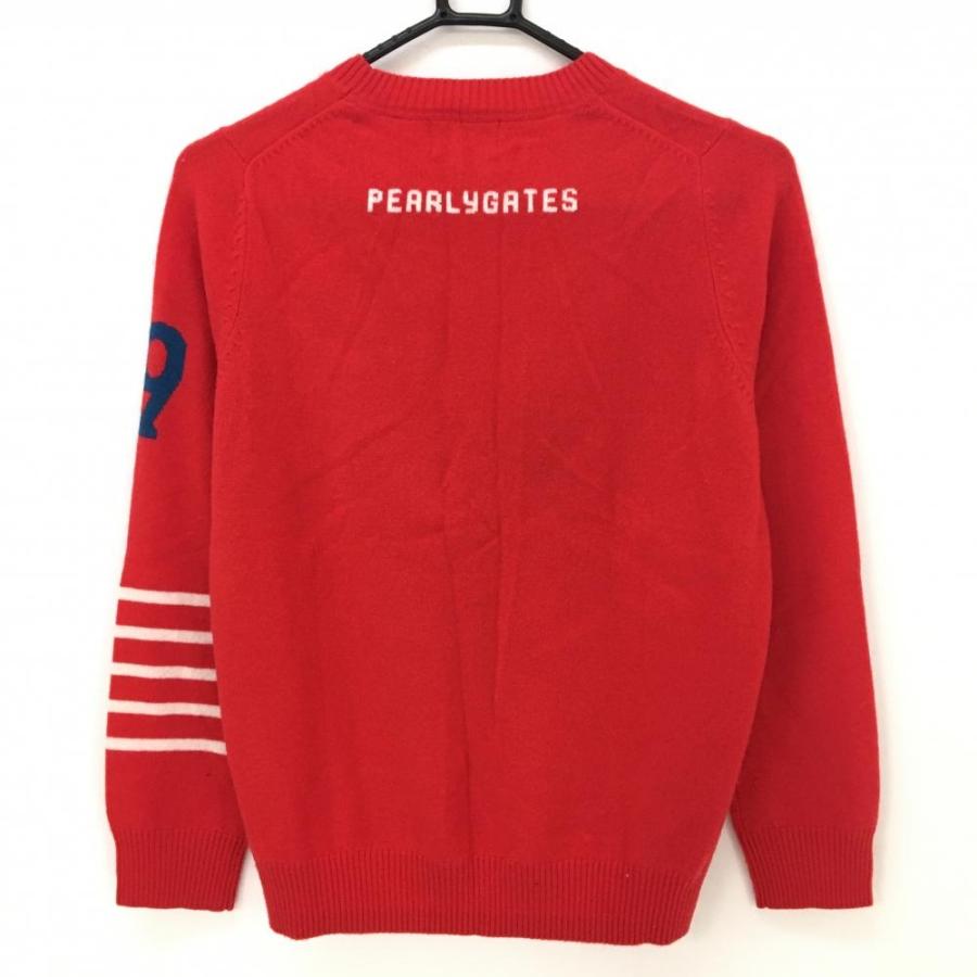 【美品】パーリーゲイツ セーター レッド×白 カシミヤ100％ 左袖ライン  ニット レディース 1(M) ゴルフウェア PEARLY GATES_1