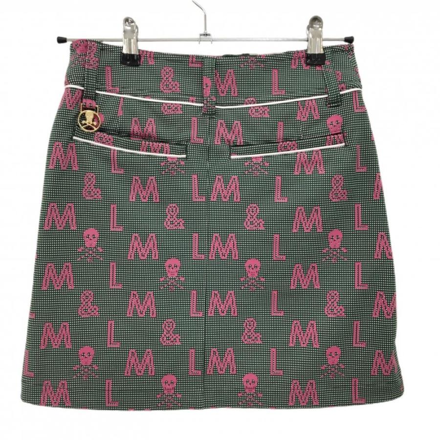 【超美品】マークアンドロナ スカート ダークグリーン×ピンク ロゴ・スカル総柄 ストレッチ  レディース 38(M) ゴルフウェア MARK＆LONAの画像