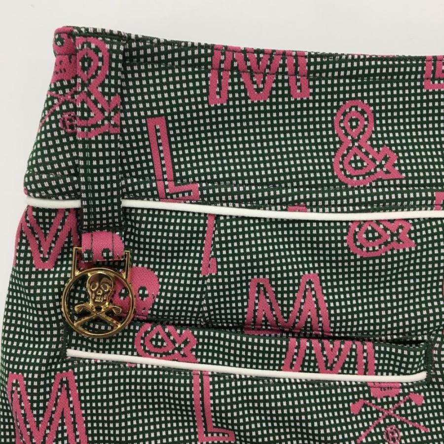 【超美品】マークアンドロナ スカート ダークグリーン×ピンク ロゴ・スカル総柄 ストレッチ  レディース 38(M) ゴルフウェア MARK＆LONAの画像