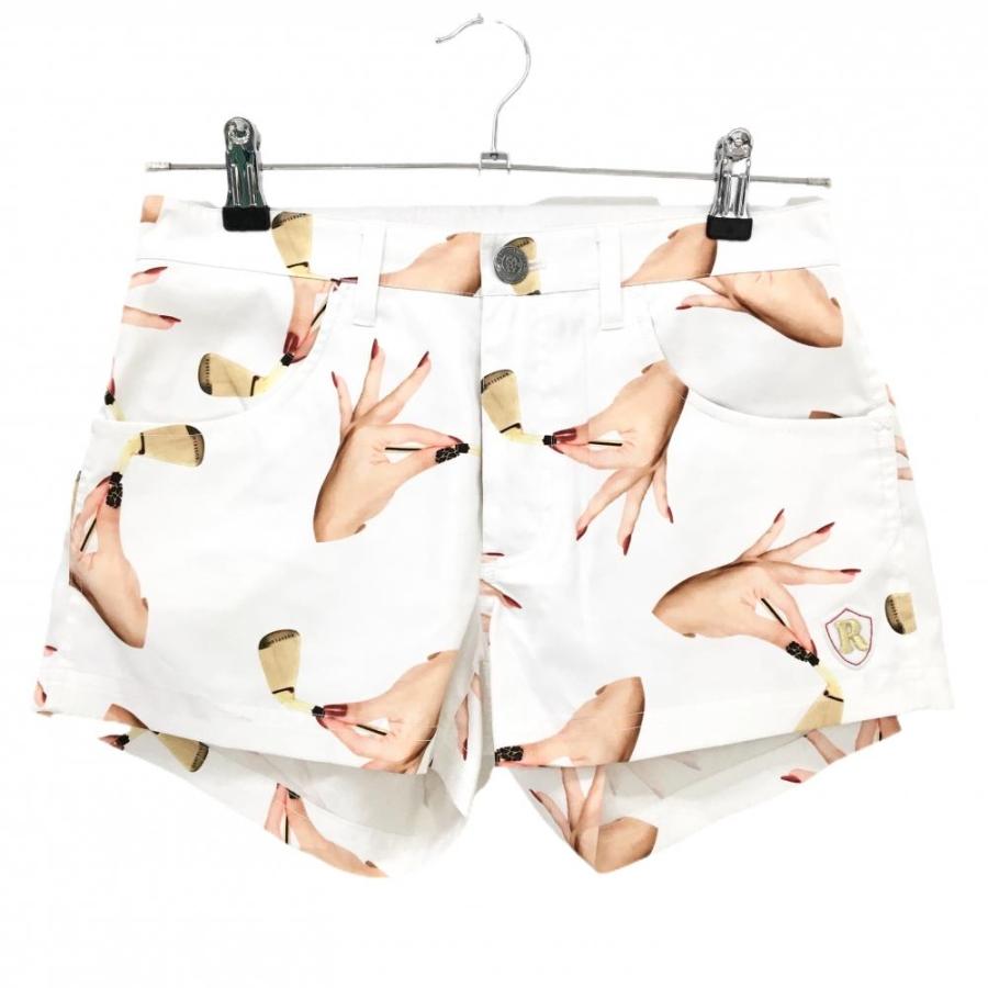 ラッセルノ ショートパンツ 白×ペールオレンジ 手先総柄 ストレッチ レディース 0(S) ゴルフウェア RUSSELUNO Russeluno（ラッセルノ） ショートパンツ 白×ペールオレンジ 手先総柄