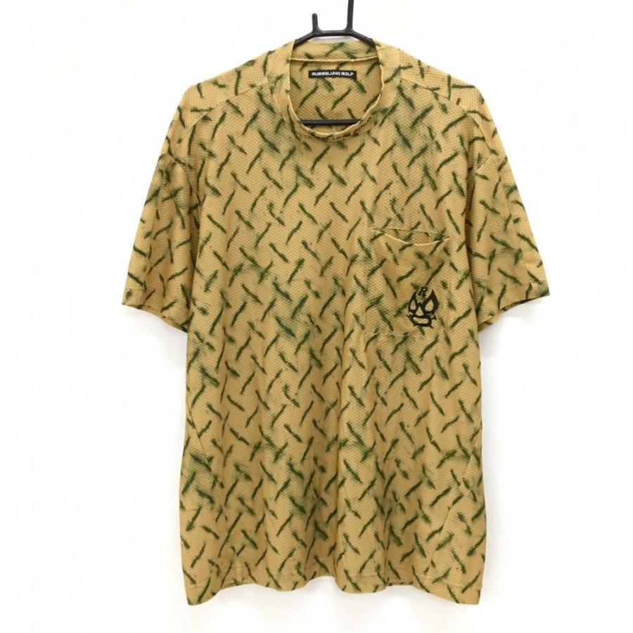 【美品】ラッセルノゴルフ 半袖ハイネックシャツ イエローブラウン×ダークグリーン 総柄  メンズ 6(XL) ゴルフウェア RUSSELUNO Russeluno（ラッセルノ） 【美品】ラッセルノゴルフ 半袖ハイネック