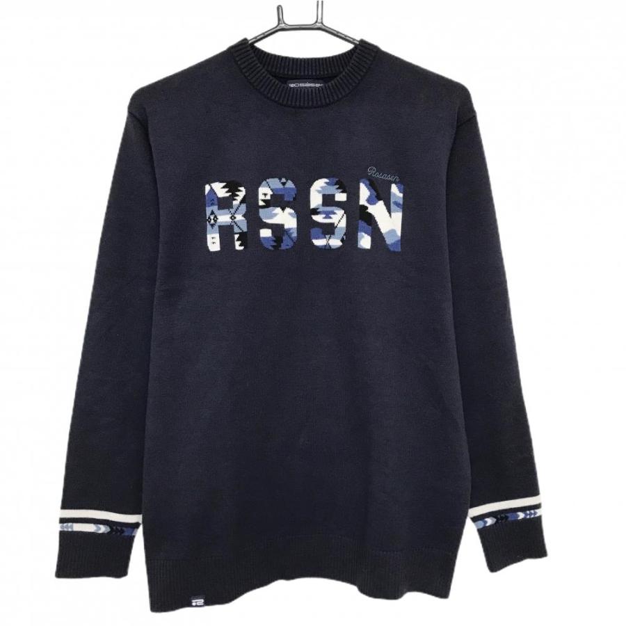 ロサーセン ロゴ入り セーター Rosasen（ロサーセン） セーター ネイビー×白 フロントロゴ 袖口ライン