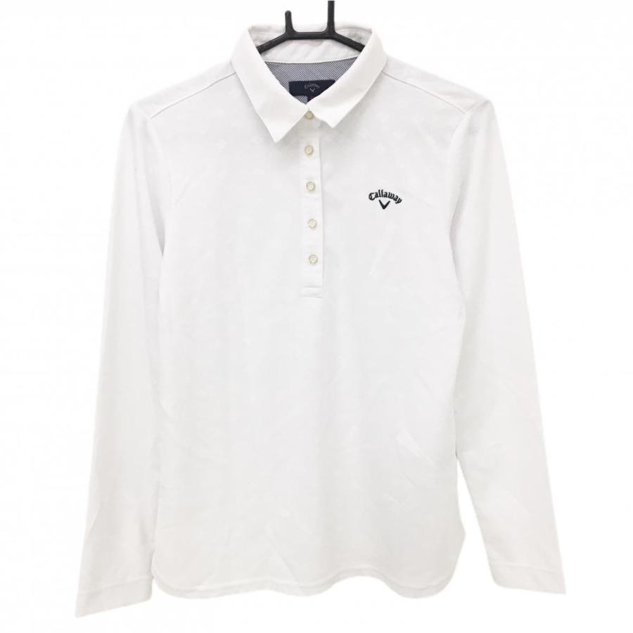 Callaway（キャロウェイ） 長袖ポロシャツ 白 花柄織生地 ロゴネイビー