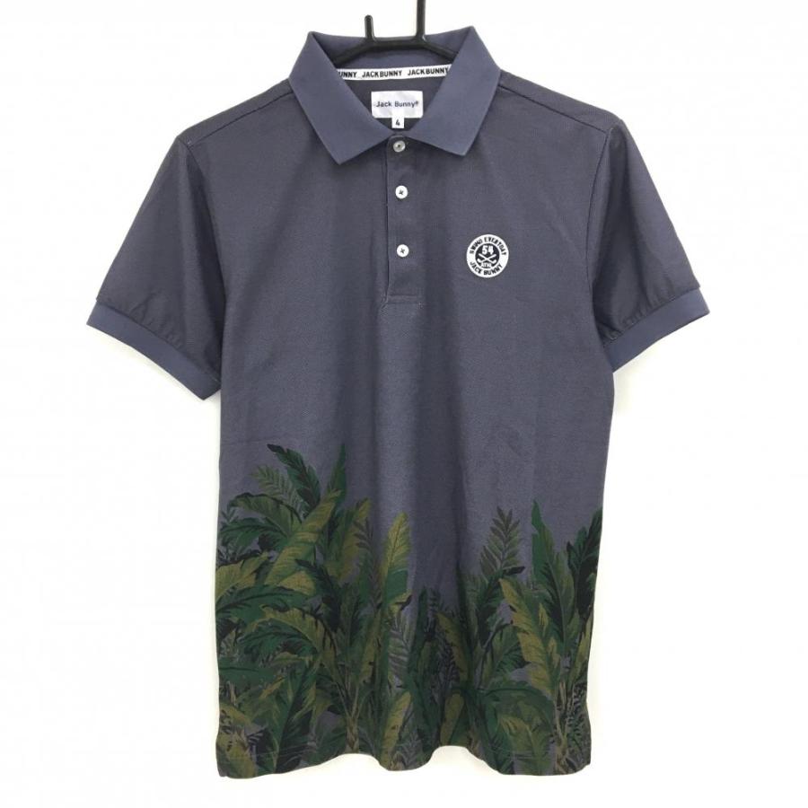 【超美品】ジャックバニー 半袖ポロシャツ グレー×グリーン 裾リーフ柄 ワッペン  メンズ 4(M) ゴルフウェア Jack Bunny Jack Bunny!!（ジャックバニー） 【超美品】ジャックバニー 半袖