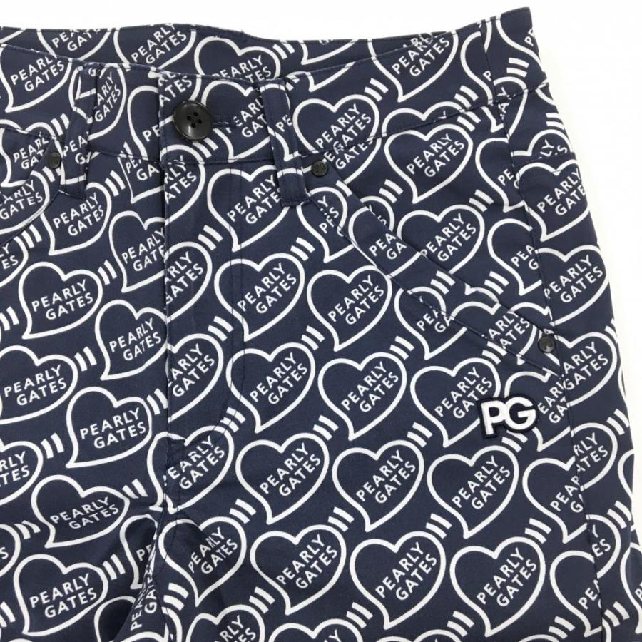新品】パーリーゲイツ パンツ ネイビー×白 ハートロゴ総柄 ストレッチ