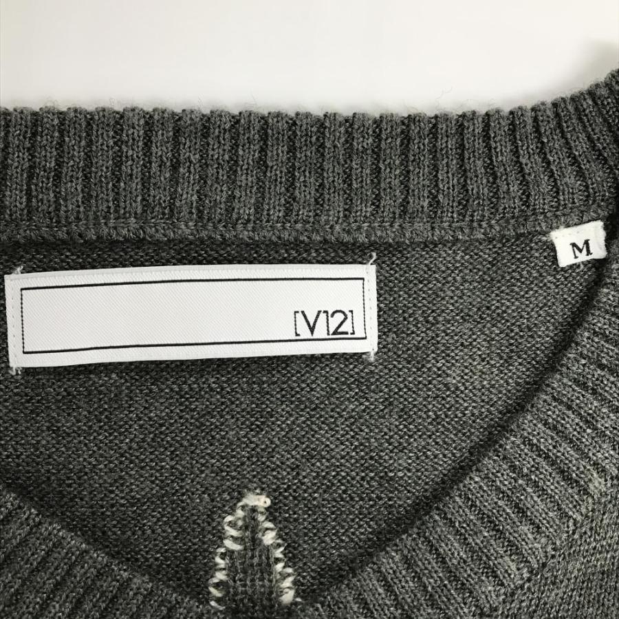 【超美品】V12 セーター グレー×白×ネイビー ウール混 袖口配色 ニット メンズ M ゴルフウェア V12の画像