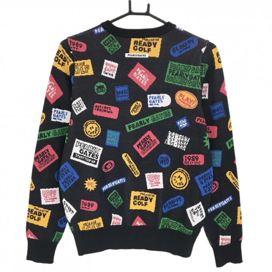【超美品】パーリーゲイツ セーター ネイビー×マルチカラー ロゴ総柄 ワッペン ニット レディース 0(S) ゴルフウェア PEARLY GATESの画像