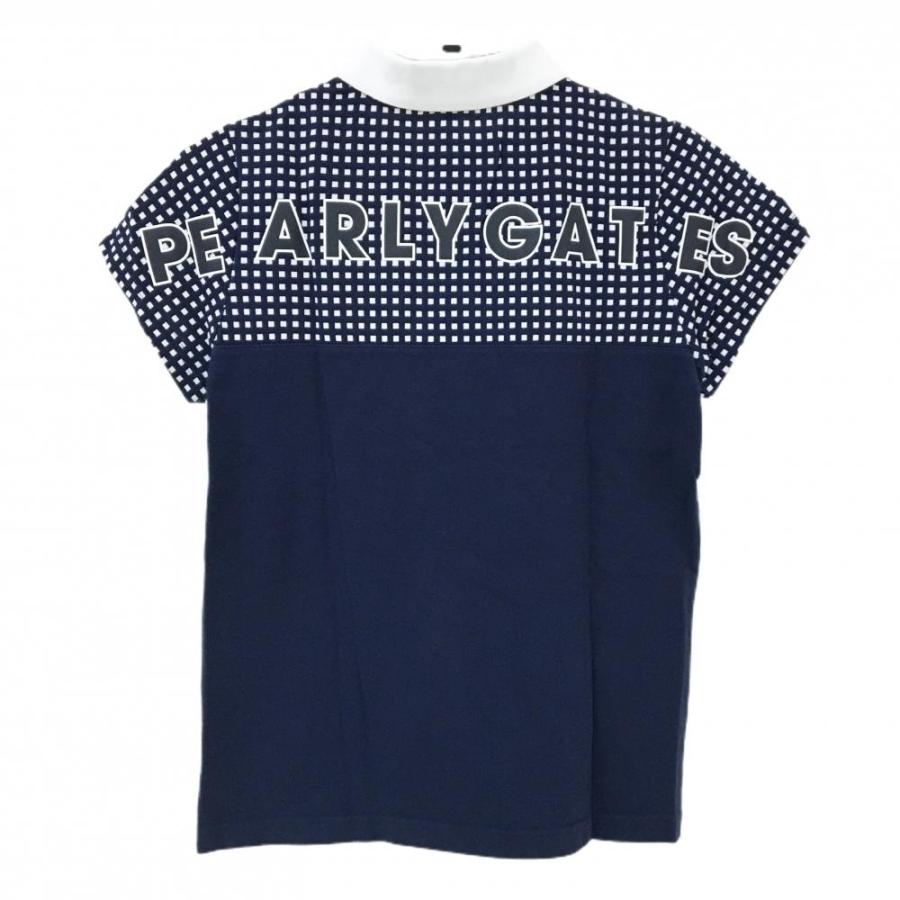 【美品】パーリーゲイツ 半袖ポロシャツ ネイビー&times;白 胸上スクエア柄 バックロゴ レディース 1(M) ゴルフウェア PEARLY GATES