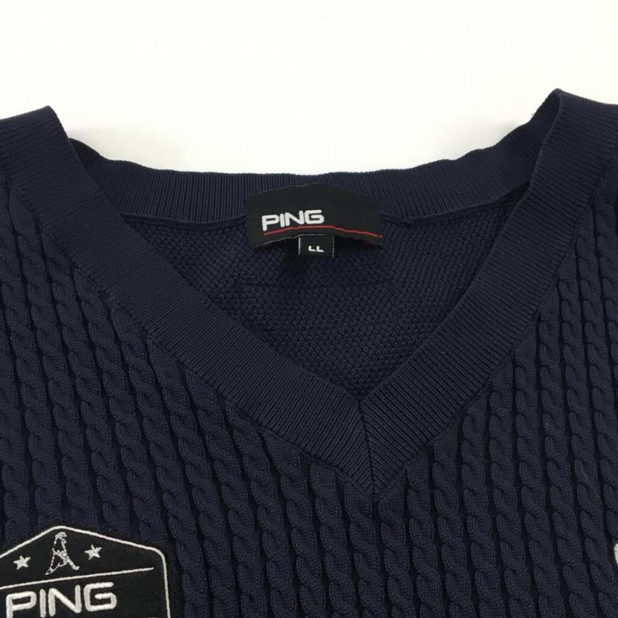 PING（ピン） ニットベスト ネイビー ロゴ白 前身頃ケーブル編み V