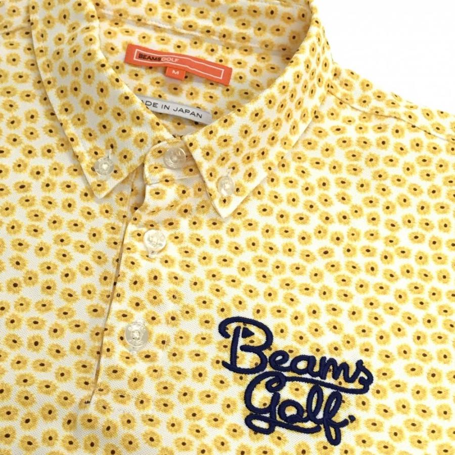 【超美品】ビームスゴルフ 半袖ポロシャツ イエロー×ブラウン 花総柄 ロゴ刺しゅう ボタンダウン メンズ M ゴルフウェア BEAMS GOLF BEAMS GOLF（ビームス ゴルフ） 【超美品】ビームスゴルフ 半袖