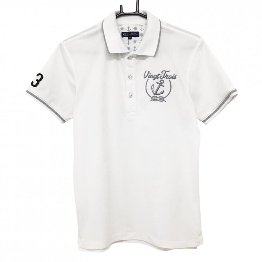 23区SPORT ゴルフシャツ 23区GOLF 【美品】23区ゴルフ 半袖ポロシャツ 白×グレー マリン柄