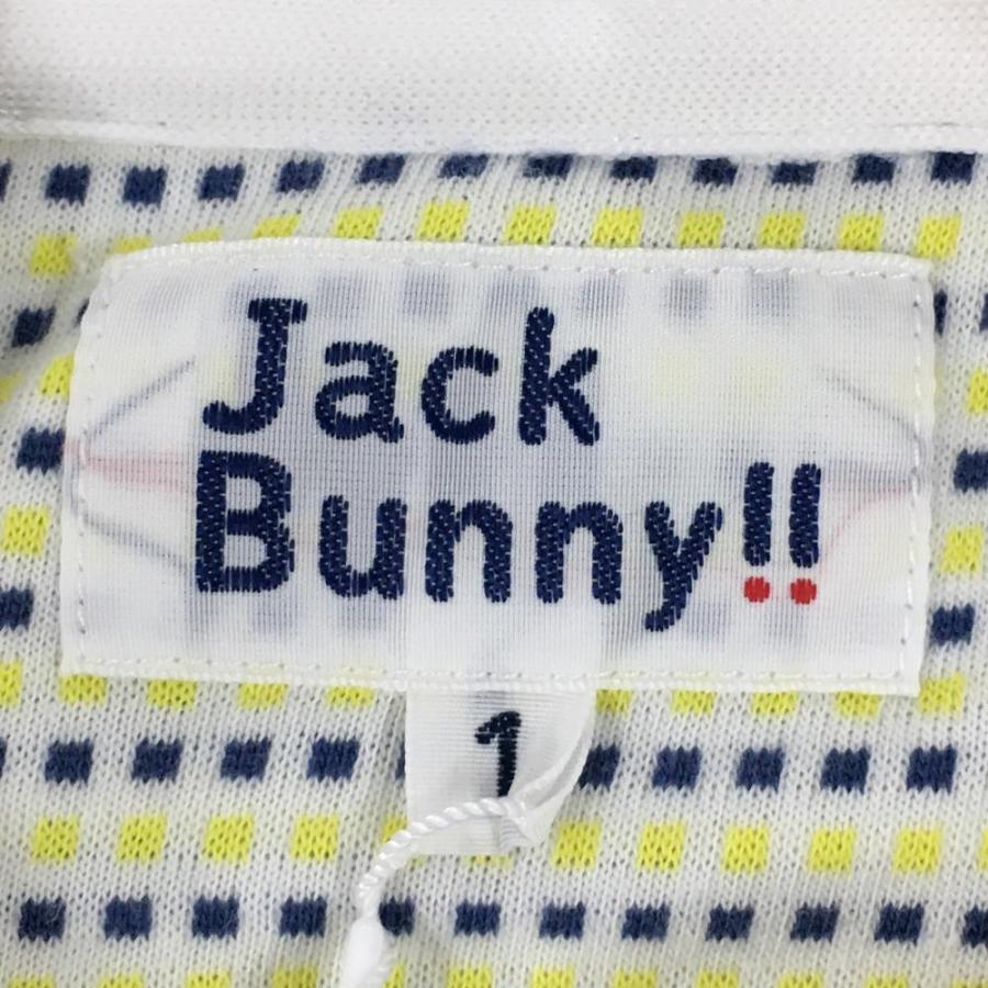 【新品】ジャックバニー 半袖ポロシャツ 白×イエロー×ネイビー 総柄織生地 前立てフリル レディース 1(M) ゴルフウェア Jack Bunny Jack Bunny!!（ジャックバニー） 【新品】ジャックバニー 半袖