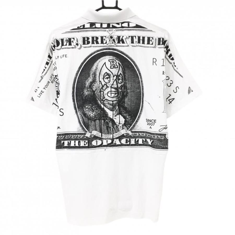 【美品】ラッセルノゴルフ 半袖ポロシャツ 白×黒 ルチャマスク 背面ビッグプリント メンズ 5(L) ゴルフウェア RUSSELUNO Russeluno（ラッセルノ） 【美品】ラッセルノゴルフ 半袖ポロシャツ 白