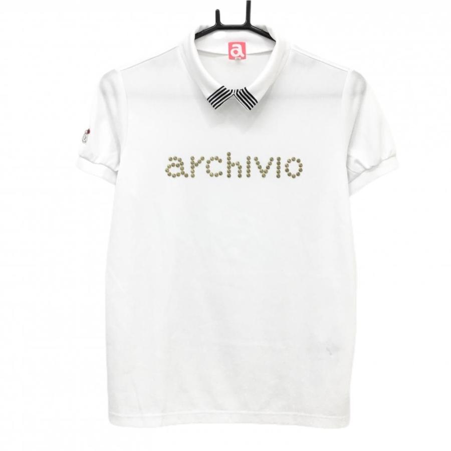 【超美品】アルチビオ 襟付き半袖シャツ 白 ネック一部ストライプ ゴールドロゴ レディース 40(L) ゴルフウェア archivio archivio（アルチビオ） 【超美品】アルチビオ 襟付き半袖シャツ 白
