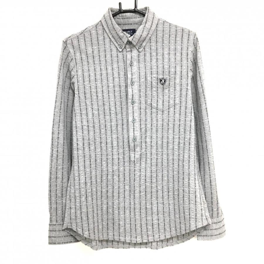 【超美品】パーリーゲイツ 長袖ポロシャツ グレー×ダークネイビー ロゴストライプ ボタンダウン  メンズ 4(M) ゴルフウェア PEARLY GATES PEARLY GATES（パーリーゲイツ） 【超美品】パーリーゲイツ 長袖