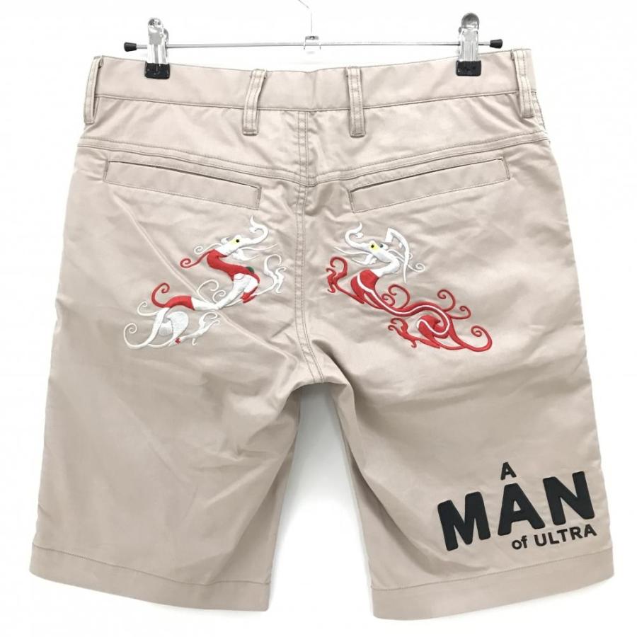 【美品】ダンスウィズドラゴン×ウルトラマン ハーフパンツ ベージュ ヒップドラゴン刺しゅう メンズ 2(M) ゴルフウェア Dance With Dragon Dance With Dragon（ダンスウィズドラゴン） 【美品】ダンスウィズ