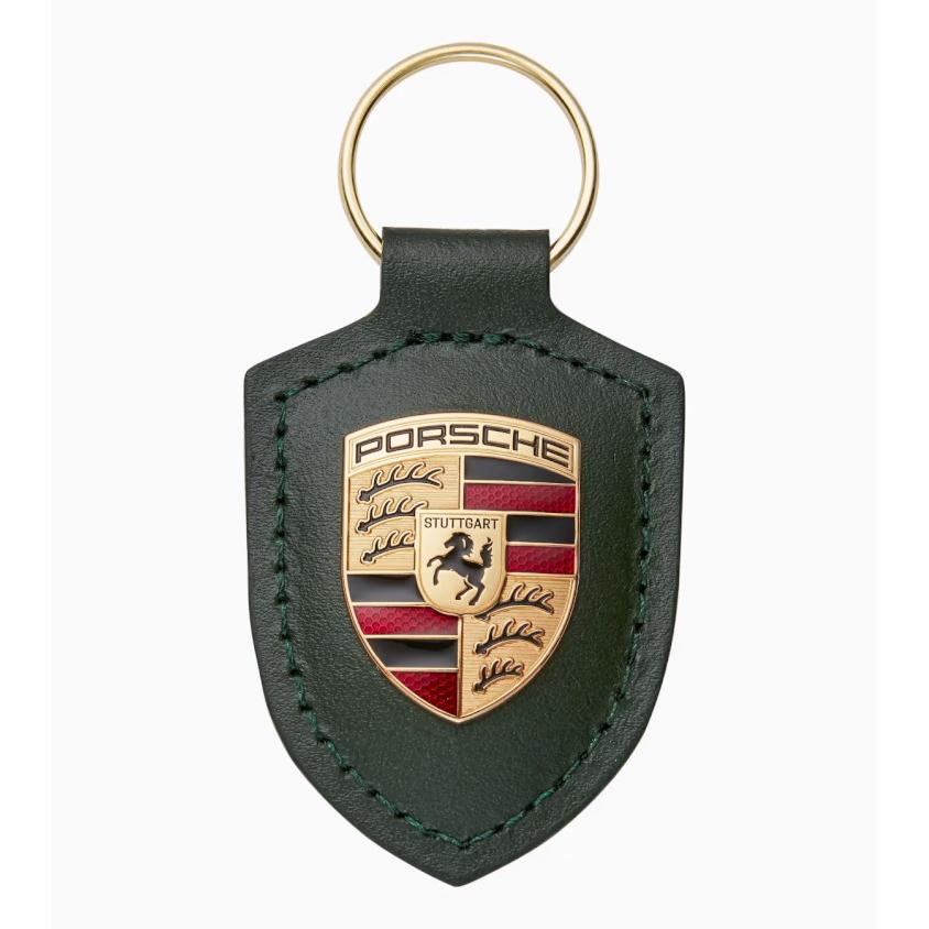 ポルシェ純正　キーホルダー　　　　　　　　　　　　　　　　　アイリッシュグリーン ポルシェ 純正 クレスト キーホルダー レザー ドイツ製 グリーン