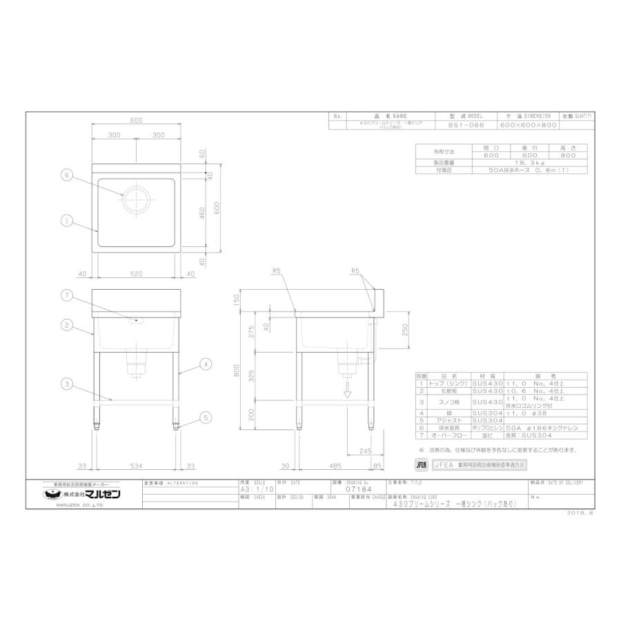 マルゼン(厨房機器) マルゼン 一槽シンク BS1-066 バック マルゼン(厨房機器) マルゼン 一槽シンク BS1-066 バック