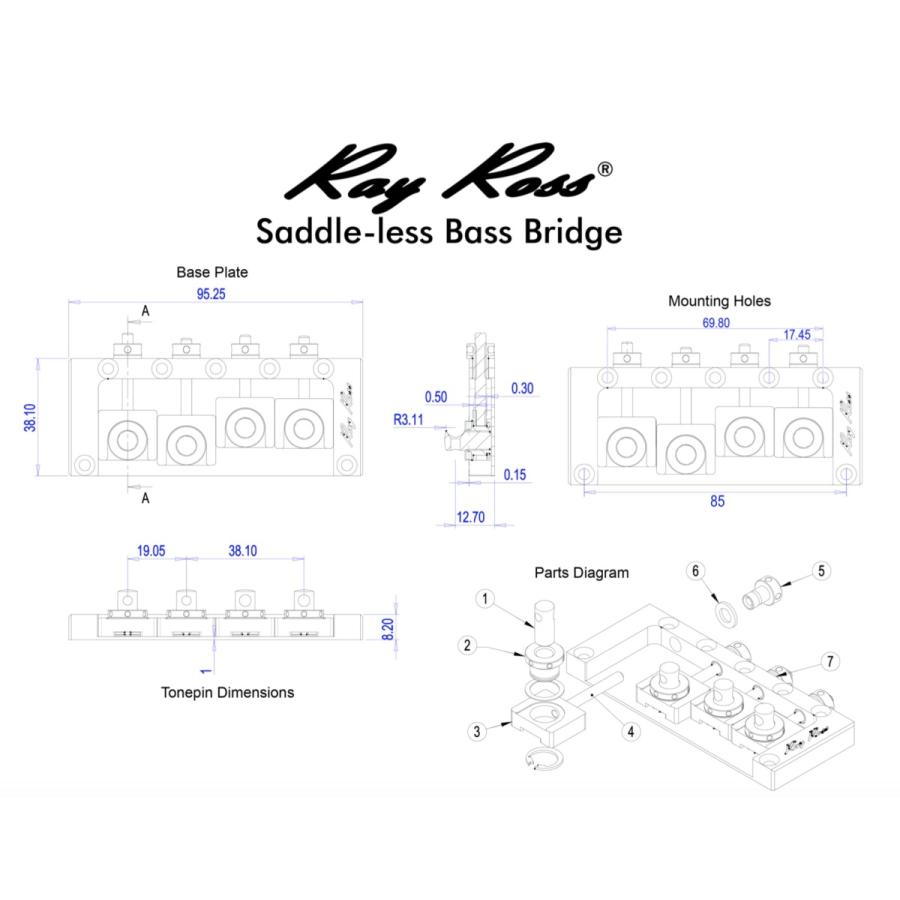 Ray Ross Saddle-Less 4 String Bass Bridge Chrome サドルレス 