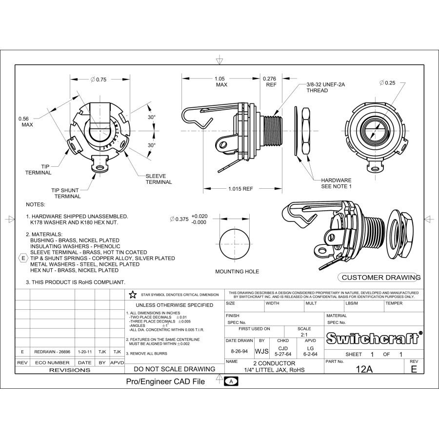 SWITCHCRAFT 12A MONO PHONE JACK スイッチクラフト モノジャック