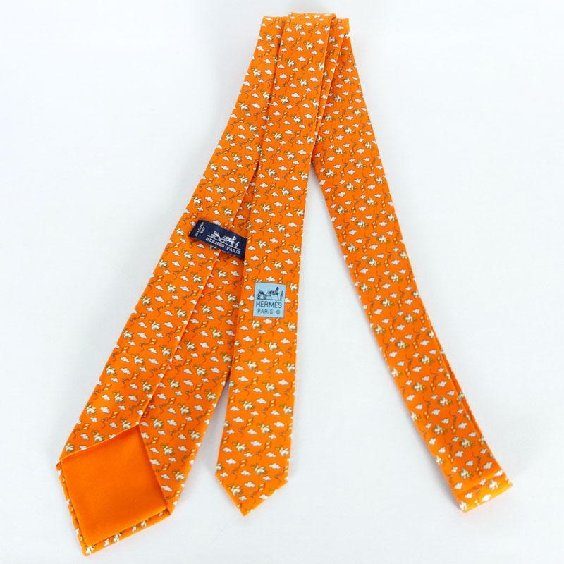 エルメス HERMES ペリカン柄 ネクタイ オレンジ シルク100 エルメス HERMES ペリカン柄 ネクタイ オレンジ シルク100