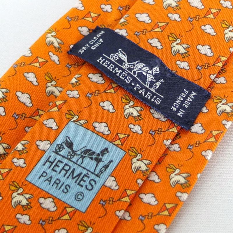 エルメス HERMES ペリカン柄 ネクタイ オレンジ シルク100 エルメス HERMES ペリカン柄 ネクタイ オレンジ シルク100