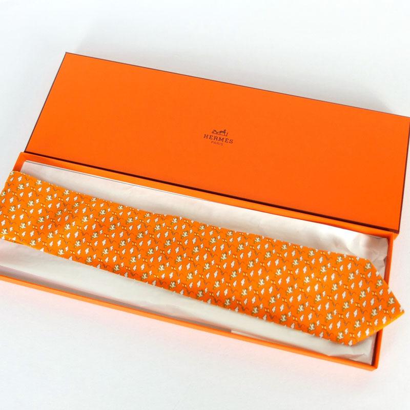 エルメス HERMES ペリカン柄 ネクタイ オレンジ シルク100 エルメス HERMES ペリカン柄 ネクタイ オレンジ シルク100