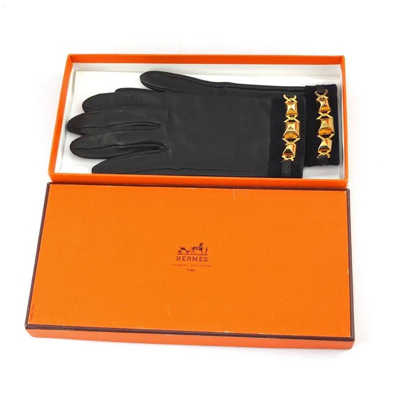 HERMES ブラックレザー手袋 ゴールド金具付き 【公式通販】