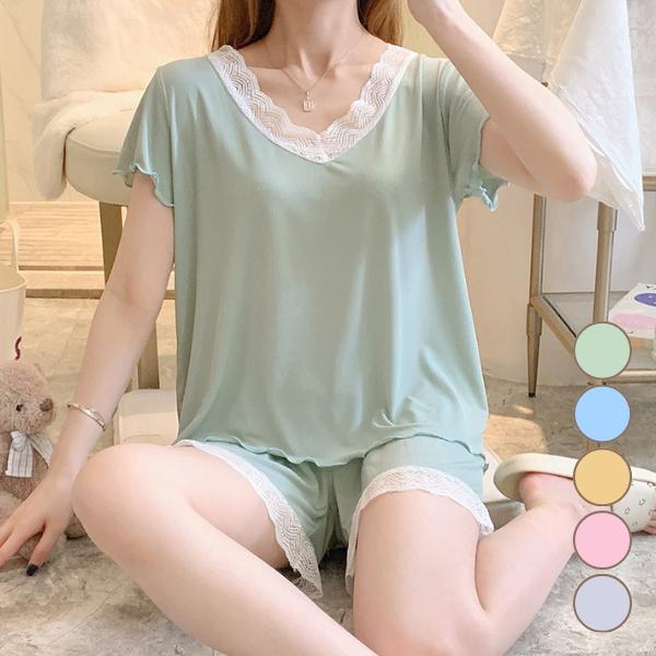 ルームウェア レディース 半袖 パジャマ さらさら レース セットアップ ナイトウェア 上下セット 夏 | 