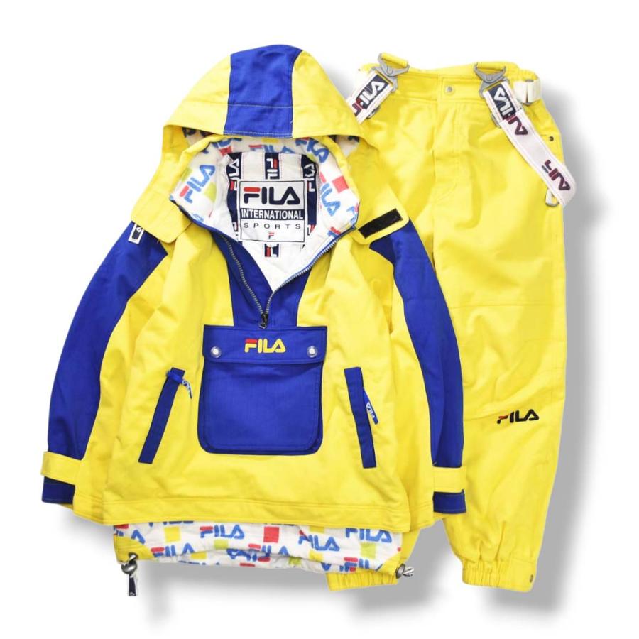 フィラ FILA スキー ウェア セットアップ 上下 ジャケット x パンツ L／M イエロー x ブルー ウィンター スポーツ ウェア スノボ スノーボード メンズの画像