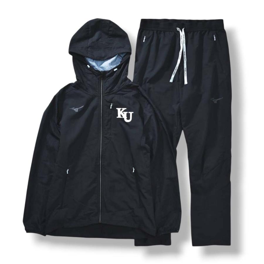 ミズノ MIZUNO 神奈川大学 陸上競技部 駅伝 ウィンド ウェア カレッジ ロゴ ランニング レーシング セットアップ 上下 ジャケット x パンツ M ブラック メンズの画像