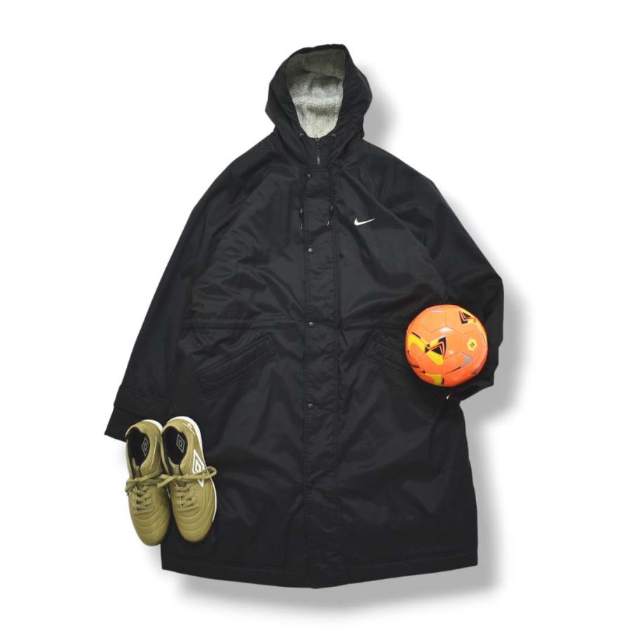 90s ヴィンテージ 黒タグ ナイキ NIKE ベンチ コート ナイロン ロング ジャンパー ラグランスリーブ 裏地 中綿 キルティング ボア フリース XXL ブラック メンズ_1
